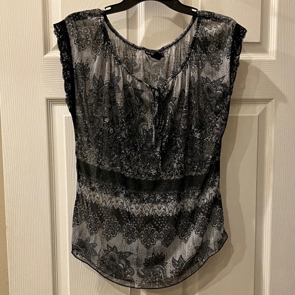 Sheer Paisley Lace-Trim Blouse - Black and Gray